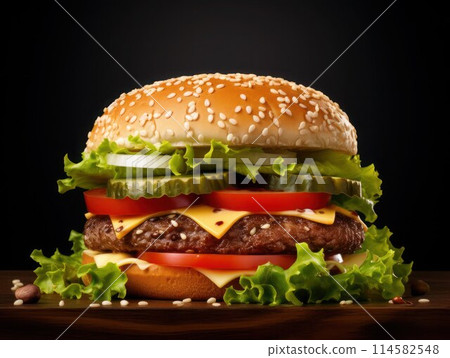 Traditional gorgeous delicious hamburger on black surface, close-up. Traditional gorgeous delicious hamburger on black surface, close-up. 114582548