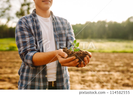 A man holds a green plant in his hands. Growing food. Agriculture concept. A man holds a green plant in his hands. Growing food. Agriculture concept. 114582555