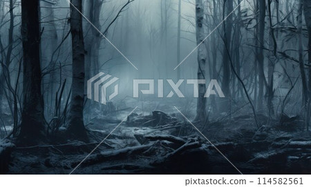 Gloomy winter forest. Bare tree trunks and windfall at dusk in the fog. Gloomy winter forest. Bare tree trunks and windfall at dusk in the fog. 114582561