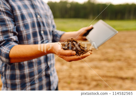Gardening or ecology concept. Farmer's hands collects soil and checks its health before growing crop Gardening or ecology concept. Farmer's hands collects soil and checks its health before growing crop 114582565