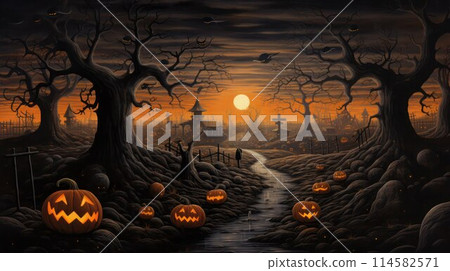 Halloween night. Pumpkin faces among black gloomy trees in the old cemetery under a full Moon. Halloween night. Pumpkin faces among black gloomy trees in the old cemetery under a full Moon. 114582571
