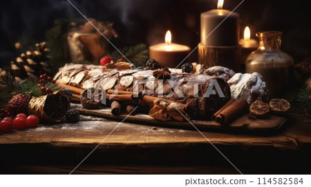 Yule celebration with traditional Yule log, candle light, holly berries, decorations on the table, selected focus. Yule celebration with traditional Yule log, candle light, holly berries, decorations on the table, selected focus. 114582584