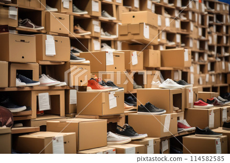Warehouse with plenty of boxes with sports shoes are displayed in rows, selective focus. Warehouse with plenty of boxes with sports shoes are displayed in rows, selective focus. 114582585