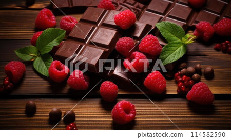 Classic chocolate bars, ripe red raspberry, mint leaves and nuts on wooden surface, close-up. 114582590