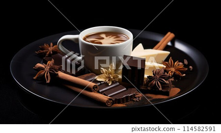 White and dark chocolate bars, coffee cup, cinnamon sticks, anise stars on black plate on black surface. 114582591