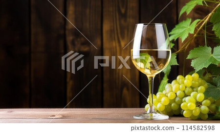 Wineglass with natural dry white wine, fresh grape vine and leaves on wooden background, copy space. 114582598