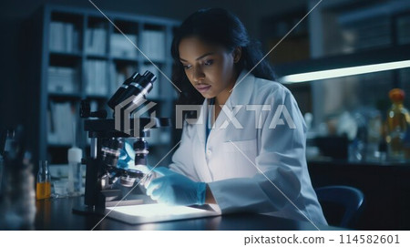 Afro-American young woman scientist works in a laboratory with a microscope, selective focus. 114582601