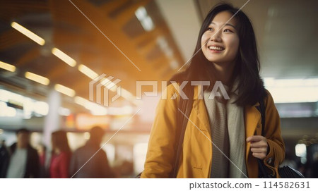 Asian smiling young woman stands in a terminal of an airport. Asian smiling young woman stands in a terminal of an airport. 114582631