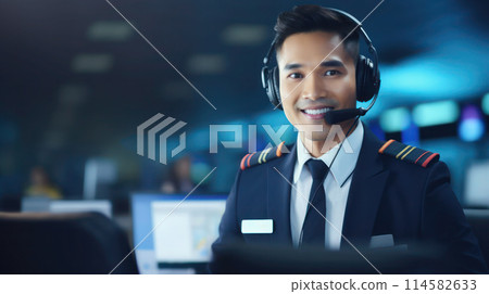 Asian smiling male dispatcher in headphones in uniform sits at the airport at the computer monitor. Asian smiling male dispatcher in headphones in uniform sits at the airport at the computer monitor. 114582633