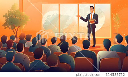 Male speaker in a business suit makes a speech to the audience at the conference hall. 114582732