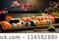 Plate of assorted sushi set on the table, sakura 114582880
