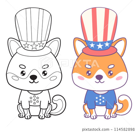 Cute dog Shiba Inu patriotic party clothes in colors of American flag. Independence Day. Isolated Funny holiday cartoon kawaii character pet. Color and outline drawing. Vector illustration. 114582898