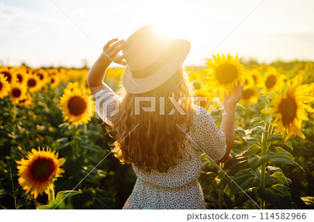Sunny beautiful photo of happy woman, enjoying warm weather, walking in blooming sunflower field. 114582966