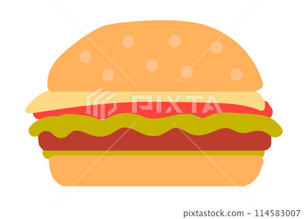 Burger or cheeseburger in flat design. American fast food hamburger. Vector illustration isolated. 114583007
