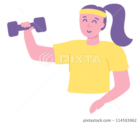 Woman training with dumbbells in flat design. Fitness workout equipment. Vector illustration isolated. Woman training with dumbbells in flat design. Fitness workout equipment. Vector illustration isolated. 114583062