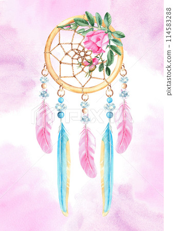 Dream Catcher Card or Poster Template with with beads, crystals, rose hip flowers and pink and blue feathers. Pink Watercolor splashes. Watercolor hand drawn illustration. Bohemian decoration, chic Dream Catcher Card or Poster Template with with beads, crystals, rose hip flowers and pink and blue feathers. Pink Watercolor splashes. Watercolor hand drawn illustration. Bohemian decoration, chic 114583288