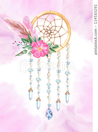 Dream Catcher Card or Poster Template with with beads, crystals, rose hip flowers and pink feathers. Pink Watercolor splashes. Watercolor hand drawn illustration. Bohemian decoration, chic design 114583291