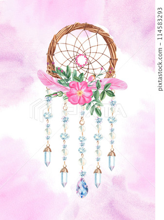 Dream Catcher Card or Poster Template with with beads, crystals, rose hip flowers and pink feathers. Pink Watercolor splashes. Watercolor hand drawn illustration. Bohemian decoration, chic design Dream Catcher Card or Poster Template with with beads, crystals, rose hip flowers and pink feathers. Pink Watercolor splashes. Watercolor hand drawn illustration. Bohemian decoration, chic design 114583293