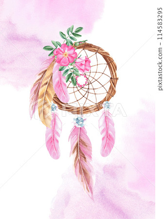 Dream Catcher Card or Poster Template with with beads, crystals, rose hip flowers and pink and beige feathers. Pink Watercolor splashes. Watercolor hand drawn illustration. Bohemian decoration, chic Dream Catcher Card or Poster Template with with beads, crystals, rose hip flowers and pink and beige feathers. Pink Watercolor splashes. Watercolor hand drawn illustration. Bohemian decoration, chic 114583295