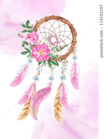 Dream Catcher Card or Poster Template with with beads, crystals, rose hip flowers and pink and beige feathers. Pink Watercolor splashes. Watercolor hand drawn illustration. Bohemian decoration, chic Dream Catcher Card or Poster Template with with beads, crystals, rose hip flowers and pink and beige feathers. Pink Watercolor splashes. Watercolor hand drawn illustration. Bohemian decoration, chic 114583297