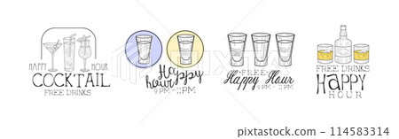 Cocktail Bar Happy Hour Promotion Sign Design Template Vector Set 114583314