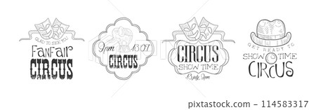 Circus Show Hand Drawn Retro Labels Vector Set 114583317