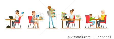 People Character at Library and Bookstore with Books Vector Set 114583331