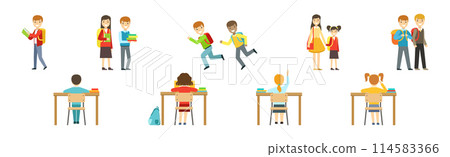 Kid Pupils at School Have Lesson and Class Vector Set 114583366