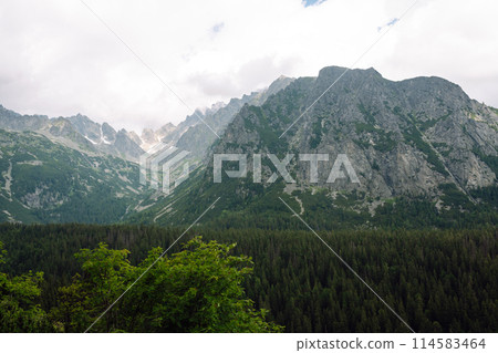 Breathtaking view of the mountains on a hiking trail. Location of the High Tatras Mountains, Europe. Breathtaking view of the mountains on a hiking trail. Location of the High Tatras Mountains, Europe. 114583464