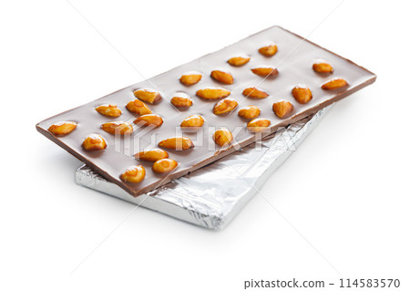 Chocolate bar with almonds isolated on white background. 114583570