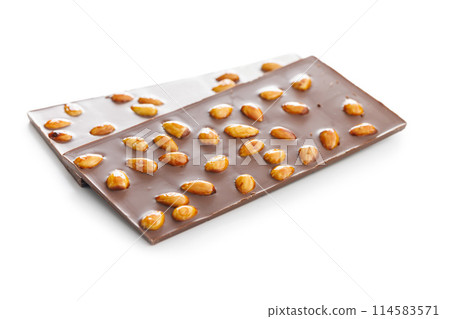 Chocolate bar with almonds isolated on white background. 114583571