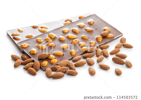 Chocolate bar with almonds isolated on white background. Chocolate bar with almonds isolated on white background. 114583572