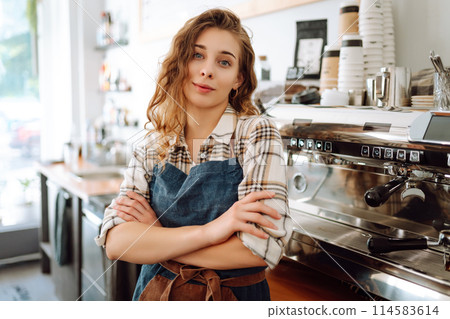 Portrait of a beautiful barista girl in an apron in a modern cafe bar. Business concept. Portrait of a beautiful barista girl in an apron in a modern cafe bar. Business concept. 114583614