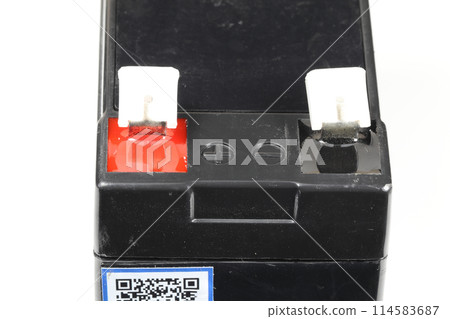 Close up of Sealed UPS batteries, 12v sealed lead acid ups battery terminals isolated on white background. Close up of Sealed UPS batteries, 12v sealed lead acid ups battery terminals isolated on white background. 114583687