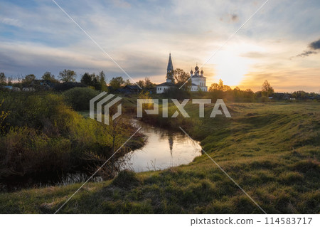 Morning landscape, sunrise on the river with monastery. Morning landscape, sunrise on the river with monastery. 114583717