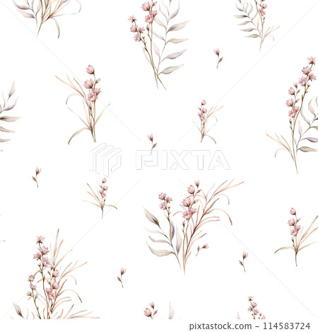 Watercolor seamless pattern floral delicate pastel vintage green violet pink brown bouquet. Hand drawn illustration isolated on white background. Flower and herb summer composition for textile. 114583724