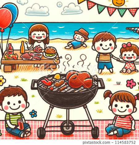 與全家人一起在沙灘上燒烤 114583752