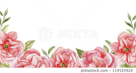 Pink blooming peonies with green leaves watercolor banner. Card template, floral background for flower shop, wedding invitation, mother's day card design. Spring romantic flowers Pink blooming peonies with green leaves watercolor banner. Card template, floral background for flower shop, wedding invitation, mother's day card design. Spring romantic flowers 114583928
