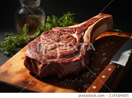 Raw Tomahawk Steak on wooden cutting board. Perfect piece of raw meat steak Tomahawk in low key Raw Tomahawk Steak on wooden cutting board. Perfect piece of raw meat steak Tomahawk in low key 114584005