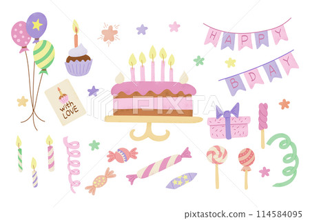 Candy pastel birthday hand drawn flat set. Vector trendy textured illustrations with items for kids party with cake and candies isolated on white background 114584095