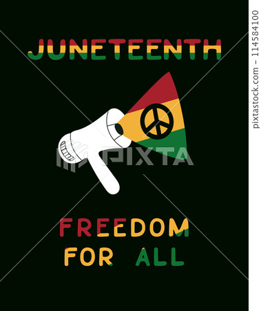 Juneteenth flat hand drawn poster with megaphone and text in traditional colors. Vector illustration on black background. Vertical placard, banner for social media Juneteenth flat hand drawn poster with megaphone and text in traditional colors. Vector illustration on black background. Vertical placard, banner for social media 114584100