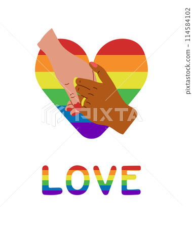 Pride month celebrating poster supporting LGBTQIA community. Flat hand drawn illustration with rainbow heart and couple of loving hands. Text Love in rainbow colors. Peaceful and equality concept 114584102