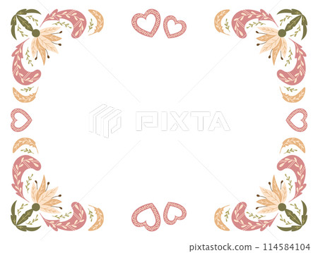Botanical wedding invitation in vintage folk style with abstract flowers and decorated hearts. Floral horizontal symmetry illustration in muted colors for wedding. Banner, card template isolated 114584104