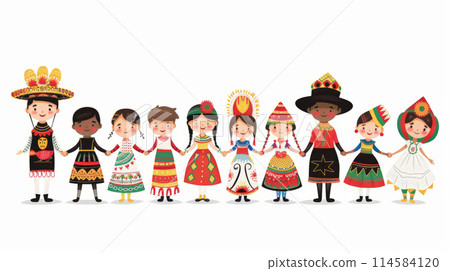 Illustration of kids in various traditional costumes from around the world, holding hands in unity. Illustration of kids in various traditional costumes from around the world, holding hands in unity. 114584120