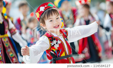 Smiling child in bright traditional attire with arms outstretched during a cultural festival. 114584127
