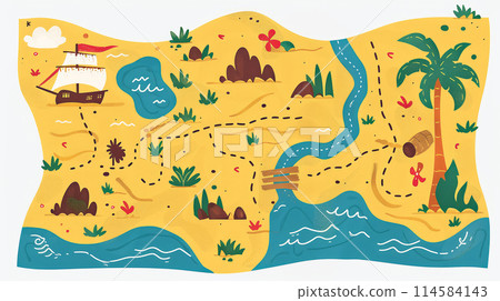 Colorful illustrated treasure map with a ship, river, and various landmarks, evoking adventure and exploration 114584143