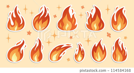 Fire flames vector stickers set. Trendy flat style 114584168
