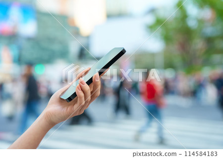 在市中心操作智慧型手機的女性的手 114584183