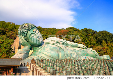 The largest reclining bronze Buddha statue in the world at nanzo-in Temple, Fukuoka Prefecture, Japan. 114584245