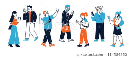 Set of different people characters using smartphone on walk 114584260